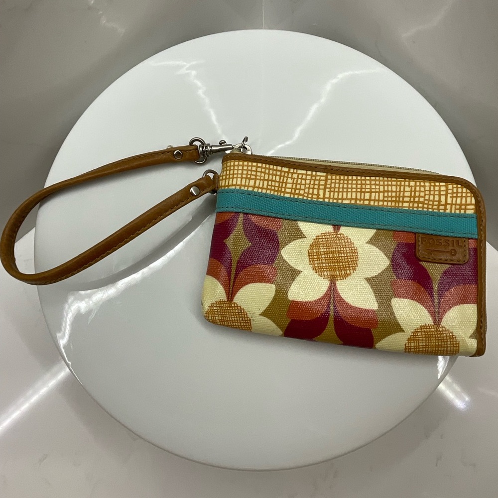 FOSSIL KeyPer Multicolor Floral Coated Canvas Brown Leather Wristlet Wallet